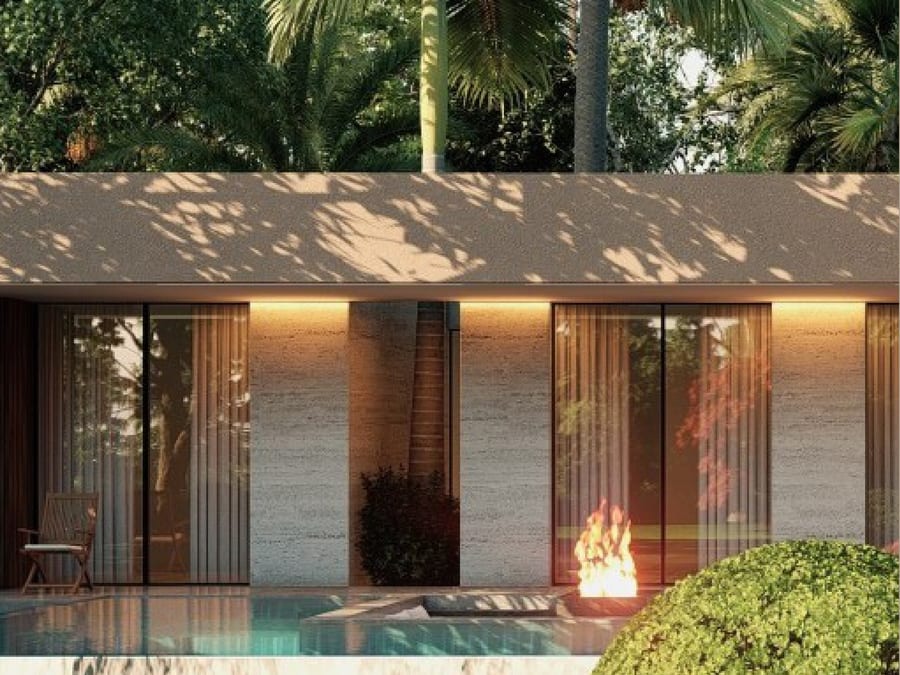 Vue de synthèse communiquée : façade arrière d’une villa type 2, bassin et cheminée extérieure.