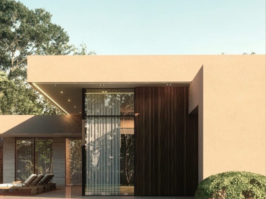Vue de synthèse communiquée : villa type 3, volume d’entrée toute hauteur et terrasse.