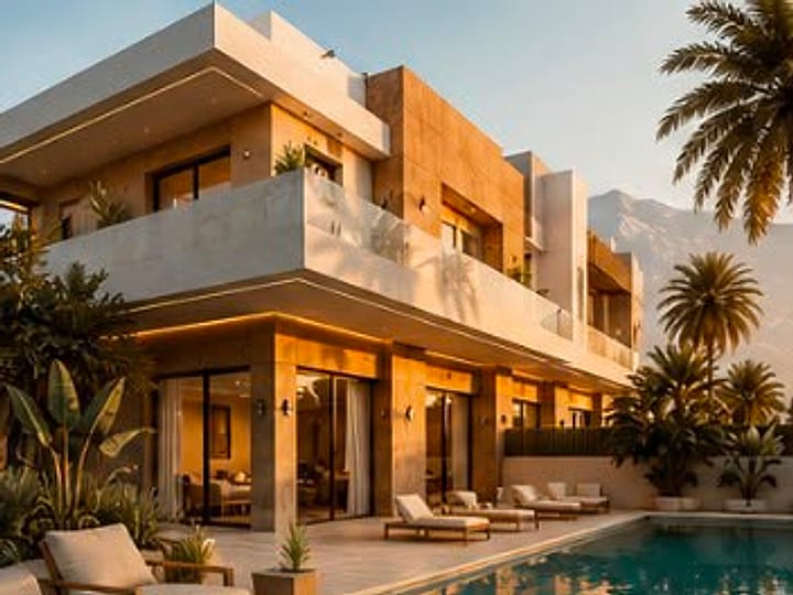 Vue de synthèse communiquée : villa jumelée à étage, terrasse, piscine et palmiers.